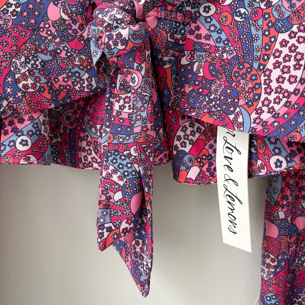 NWT FOR LOVE & LEMONS Sz S Multicolor Pattern Crop Top Blouson Sleeves BOHO - Picture 4 of 6